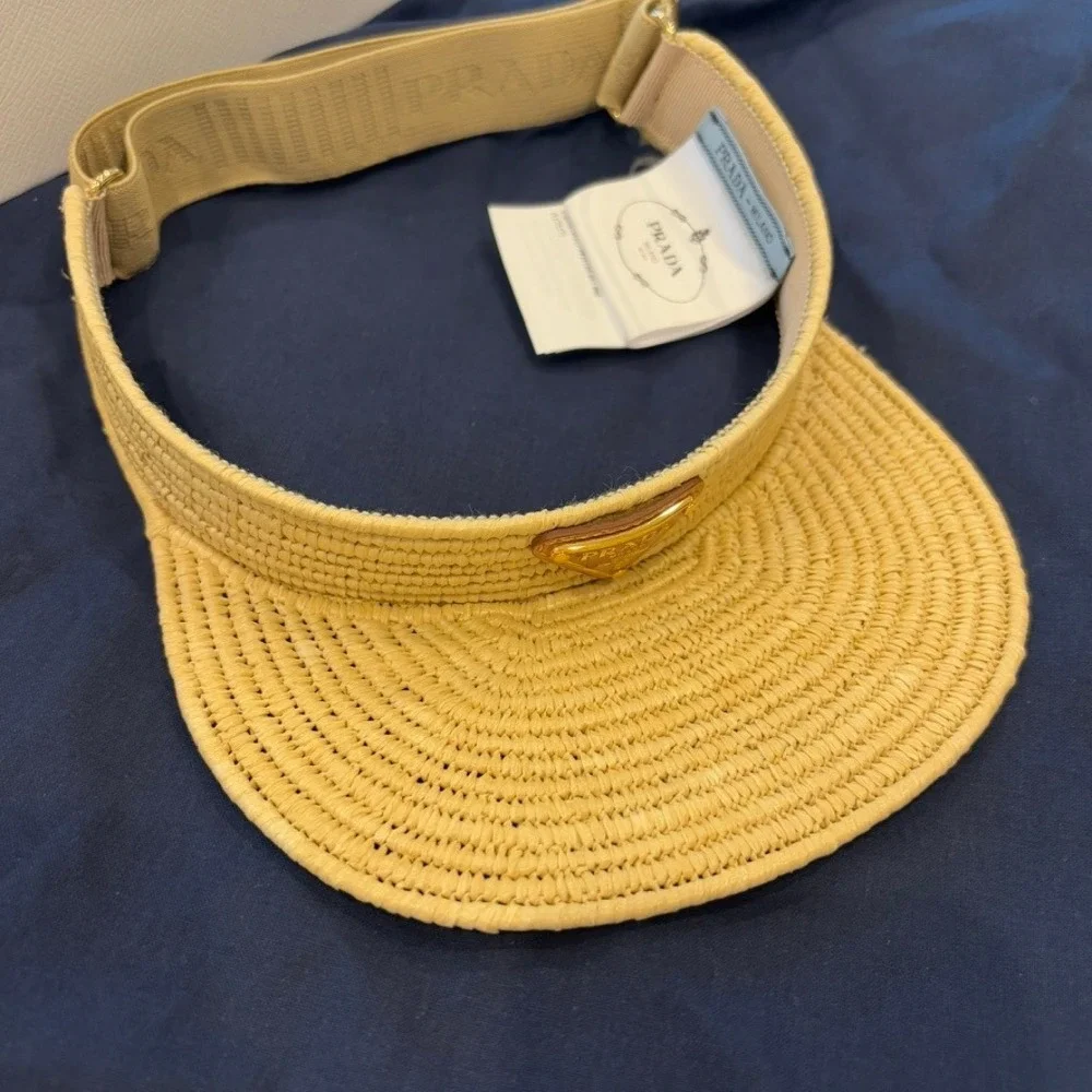 Prada Natural Straw Visor with Gold Triangle Logo